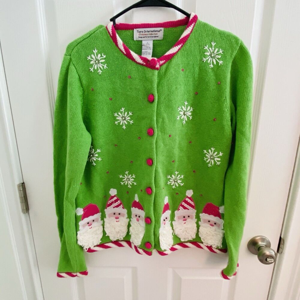 Christmas Sweater Womens Size Small Santa Face Knit Cardigan Holiday Festive Fun